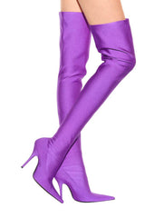 Purple Satin Pointed Toe Thigh High Boots