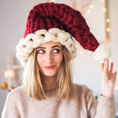 Slouchy Pom Pom Hand Knit Chunky Yarn Dark Red Christmas Santa Hat