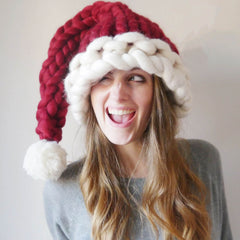 Slouchy Pom Pom Hand Knit Chunky Yarn Dark Red Christmas Santa Hat