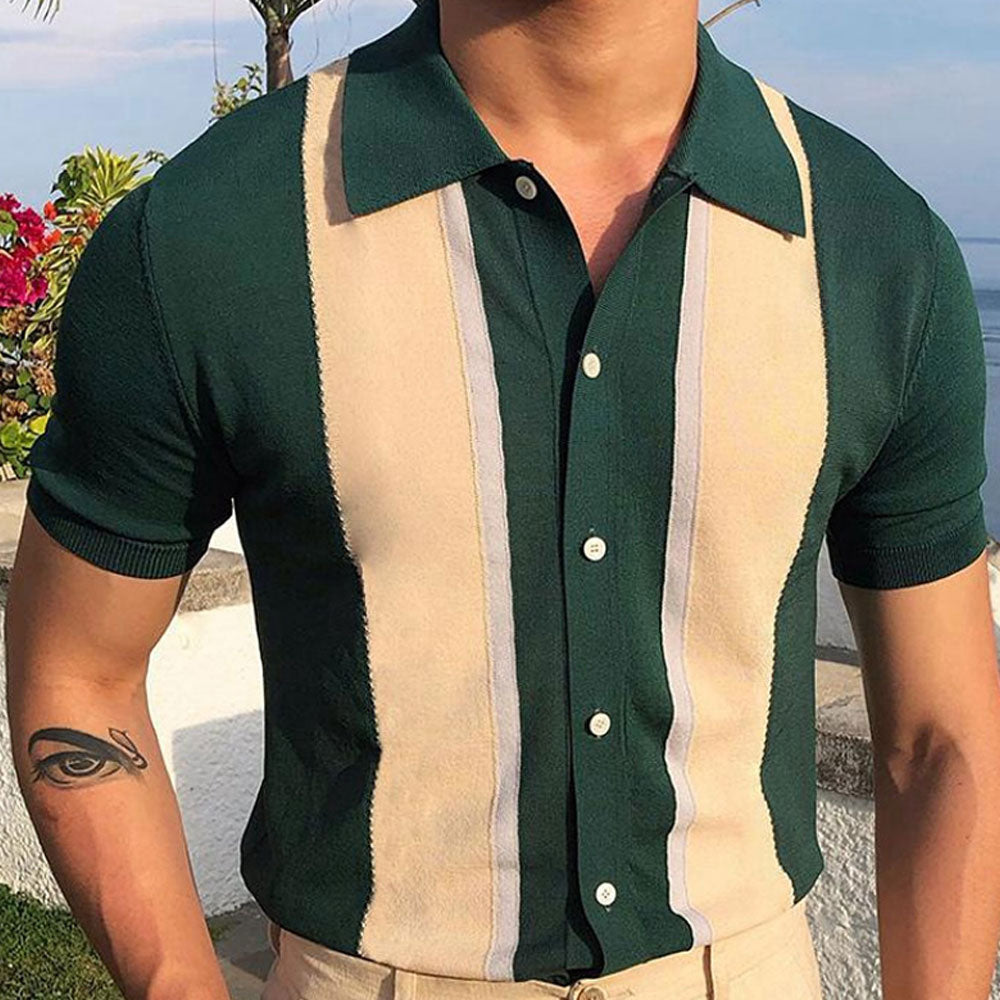 Smart Color Block Stripe Spread Collar Short Sleeve Button Up Men Summer Knit Shirt