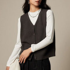 Soft Cotton Blend Racoon Yarn Monochrome V Neck Button Front Sleeveless Knit Cardigan