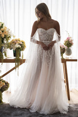 Song of Love Sheer White Off-the-Shoulder Wedding Dress