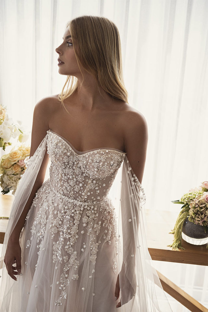 Song of Love Sheer White Off-the-Shoulder Wedding Dress