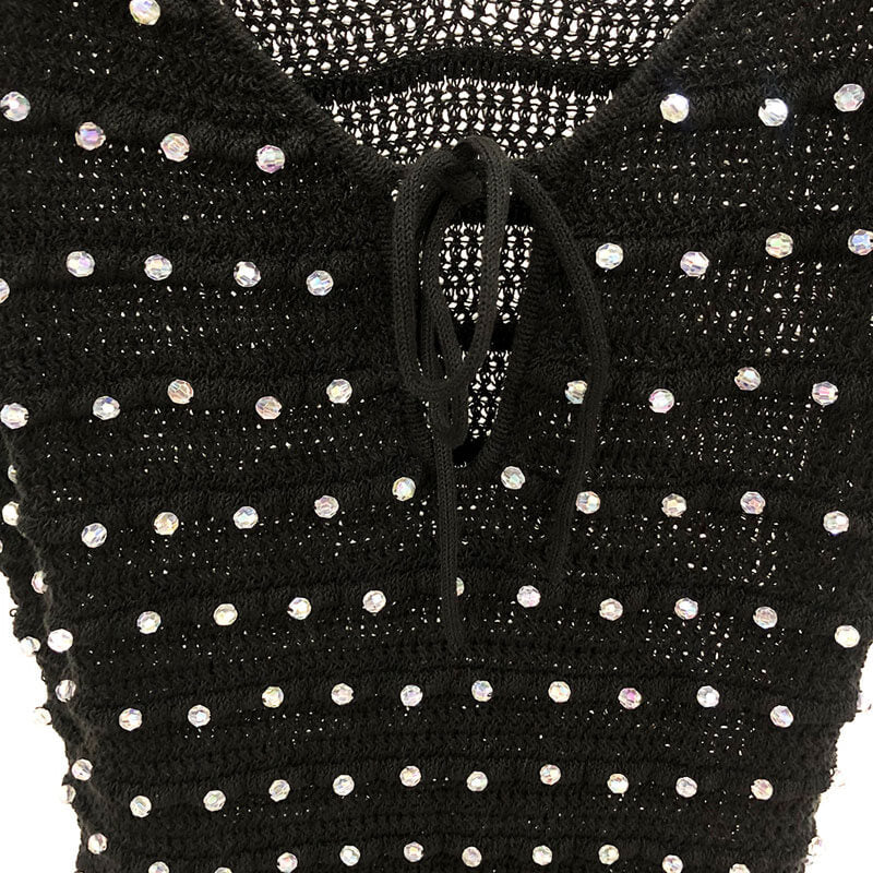 Sparkly Crystal Embellished Cami Keyhole Cutout Black Openwork Knit Midi Dress