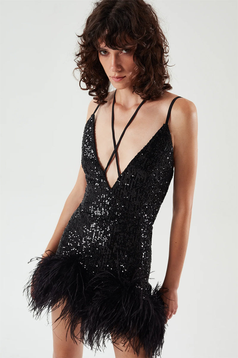 Sparkly Glam Sequin Feather Mini Dress