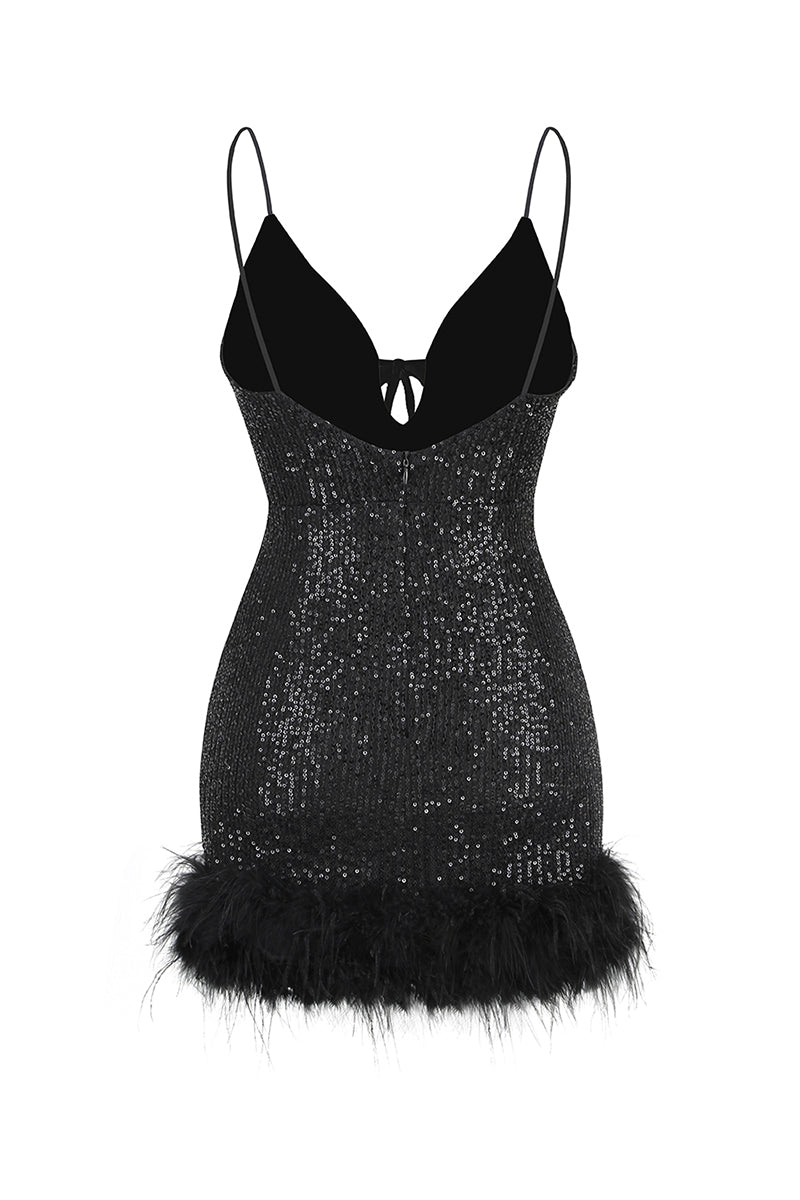 Sparkly Glam Sequin Feather Mini Dress