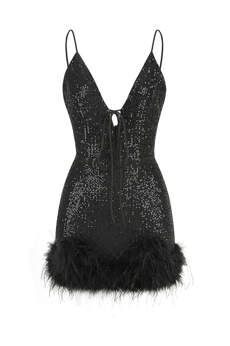 Sparkly Glam Sequin Feather Mini Dress