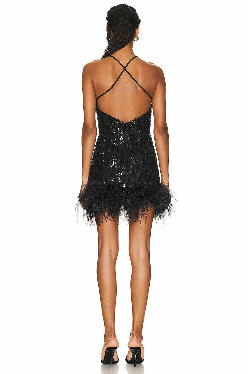 Sparkly Glam Sequin Feather Mini Dress