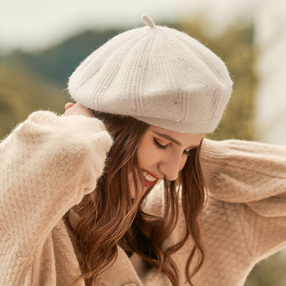 Sparkly Sequined Embellished Textured Ribbed Knit Beret Hat