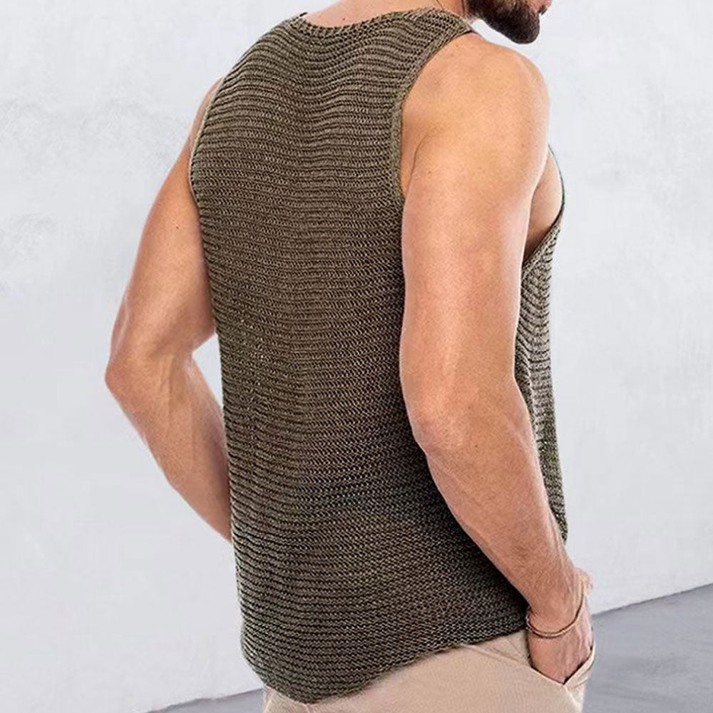 Street Style Scoop Neck Curved Hem Semi Sheer Knit Men Sweater Vest