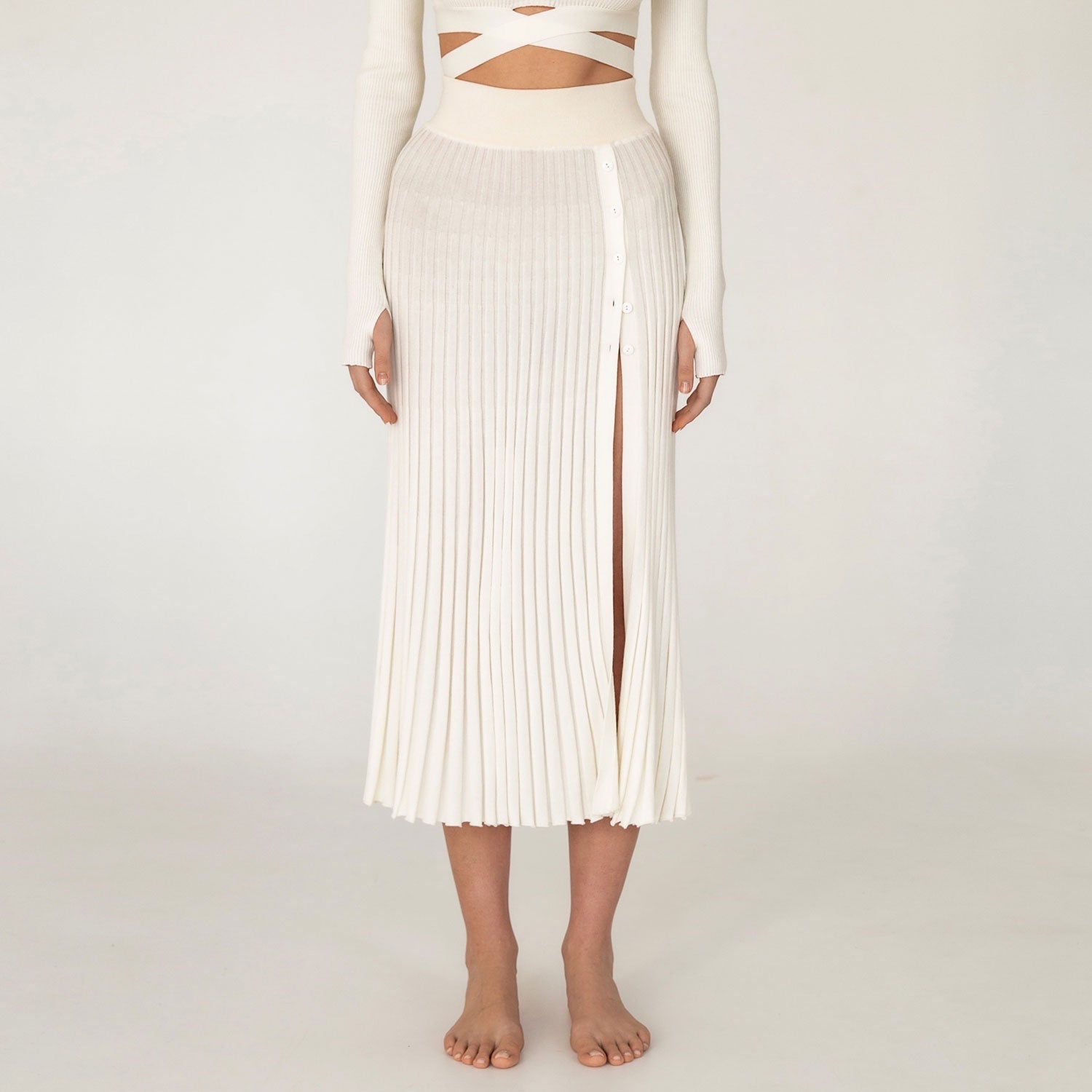 Stylish Buttoned Side Slit High Waist Pleated Knit Midi Skirt