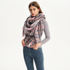 Stylish Contrast Madras Plaid Print Frayed Hem Knit Triangle Scarf