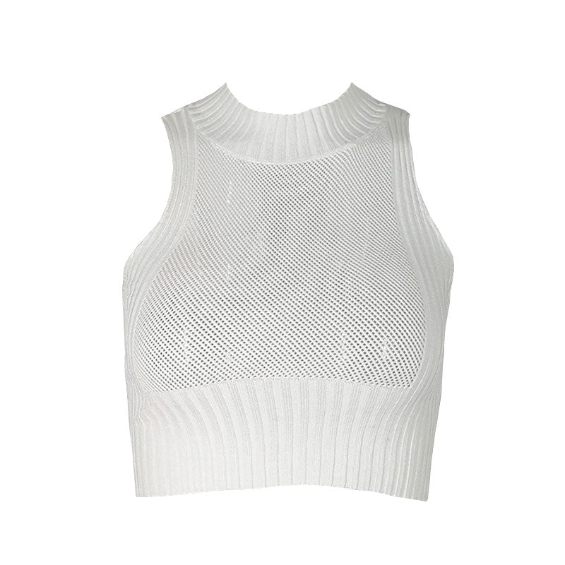 Stylish White High Neck Pointelle Cropped Rib Knit Tank Top