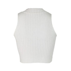 Stylish White High Neck Pointelle Cropped Rib Knit Tank Top