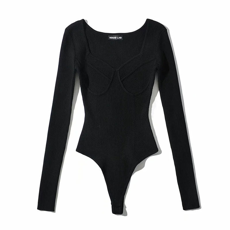 Stylish Rib Knit Sweetheart Neck Long Sleeve Thong Bodysuit