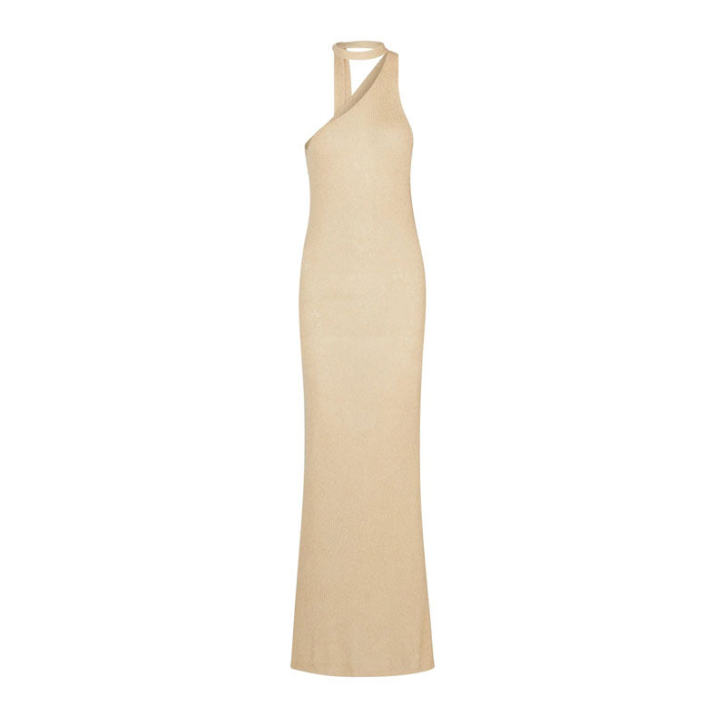 Sultry One Shoulder Halter Sleeveless Cutout Maxi Cover Up Knit Dress