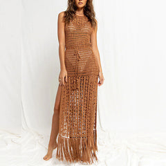 Swingy Fringe Drawstring High Split Crochet Open Knit Cover Up Dress