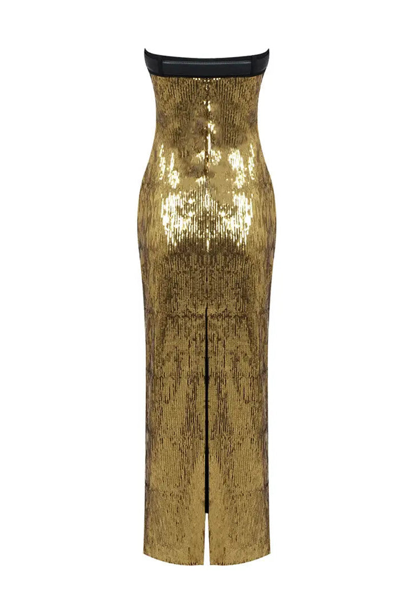 Talena Gold Sequin Strapless Maxi Dress