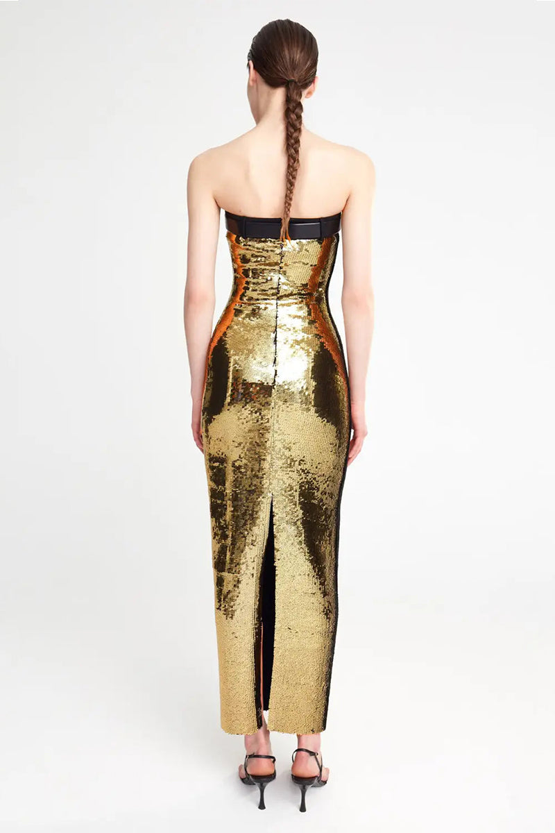 Talena Gold Sequin Strapless Maxi Dress