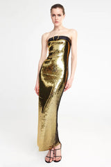 Talena Gold Sequin Strapless Maxi Dress