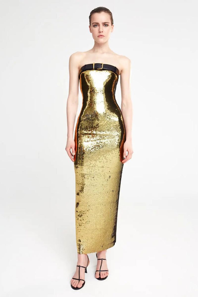 Talena Gold Sequin Strapless Maxi Dress