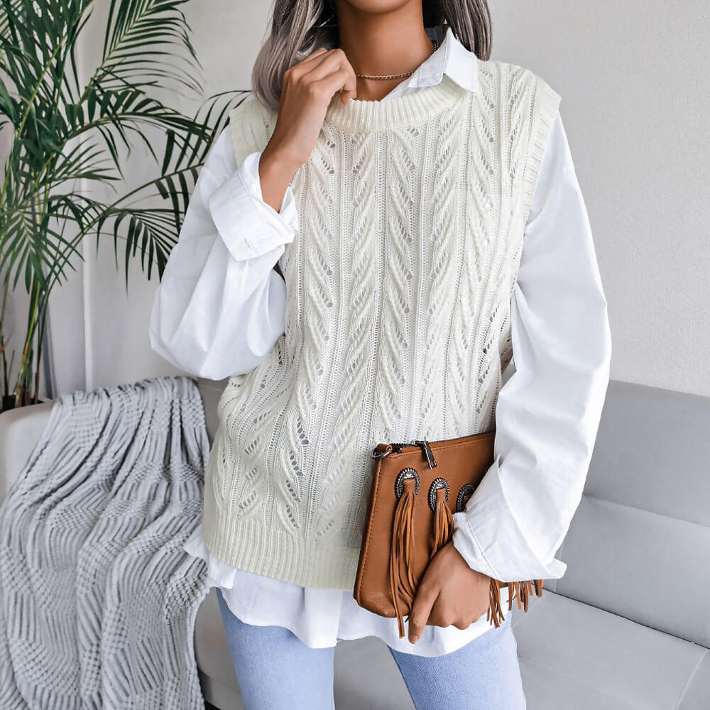 Trendy Crew Neck Textured Pointelle Cable Knit Pullover Sweater Vest