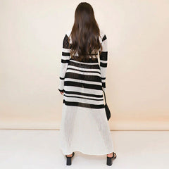 Trendy Square Neck Bell Sleeve Black Striped Crochet Knit Maxi Dress