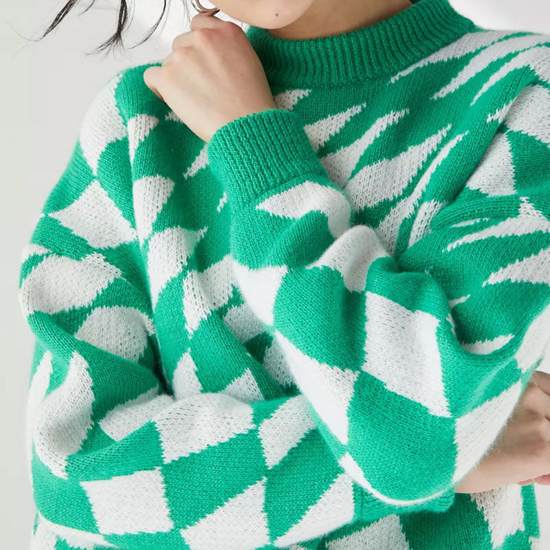 Unique Argyle Checkered Print High Neck Drop Shoulder Sweater