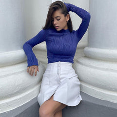 Unique Klein Blue Lettuce Trim High Neck Long Sleeve Textured Knit Fitted Top