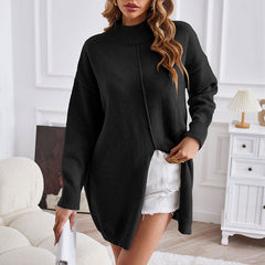 Unique Mock Neck Long Sleeve Reverse Seam Split Front Oversized Knit Sweater