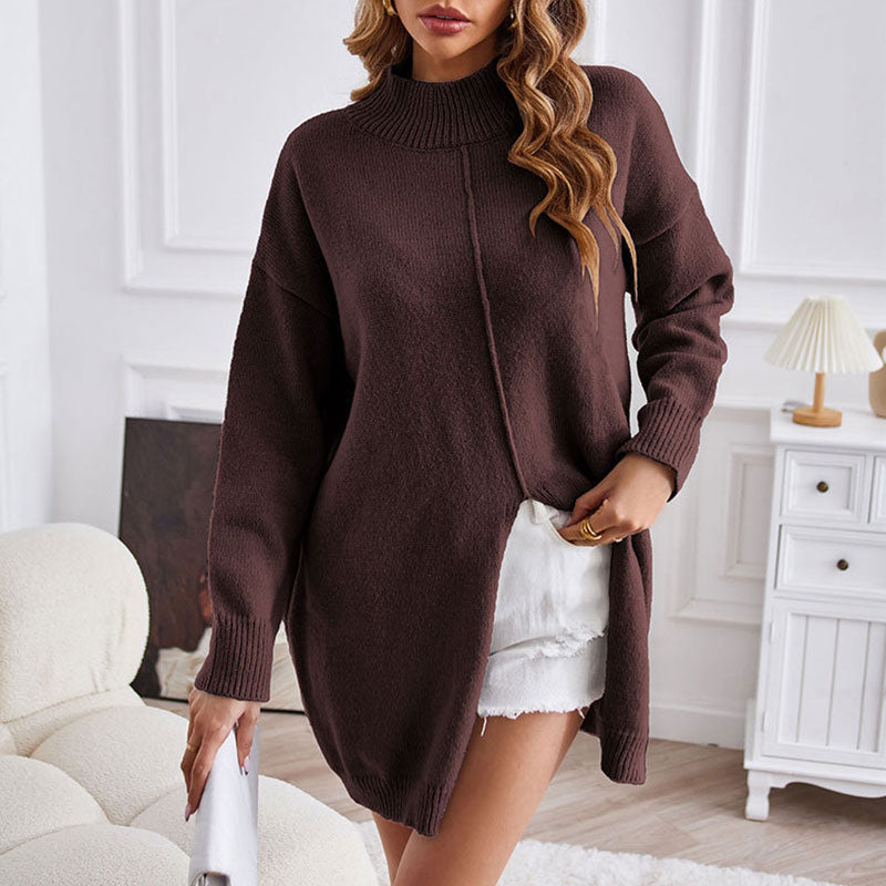 Unique Mock Neck Long Sleeve Reverse Seam Split Front Oversized Knit Sweater