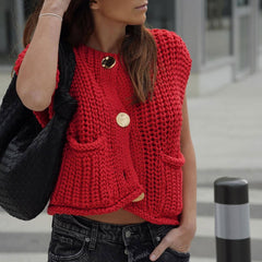 Versatile Crew Neck Button Up Pocketed Crop Chunky Yarn Crochet Knit Vest