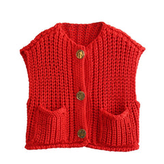 Versatile Crew Neck Button Up Pocketed Crop Chunky Yarn Crochet Knit Vest