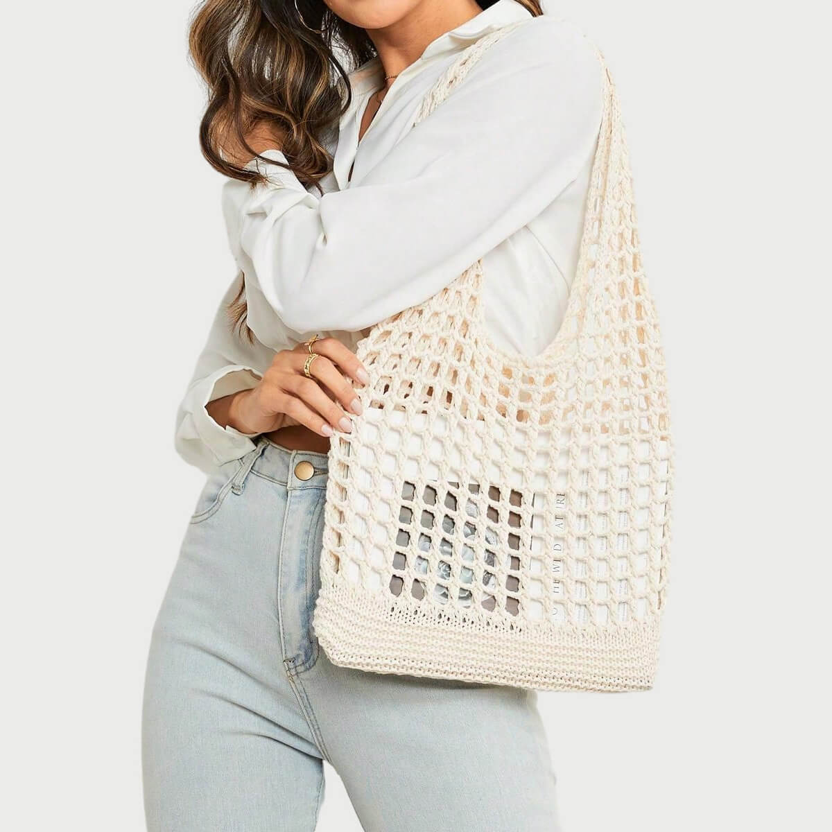 Versatile Fishnet Openwork Beach Vacation Soft Crochet Knit Tote Bag