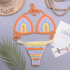 Vibrant Rainbow Crochet Knit High Leg Halter Triangle Bikini Set