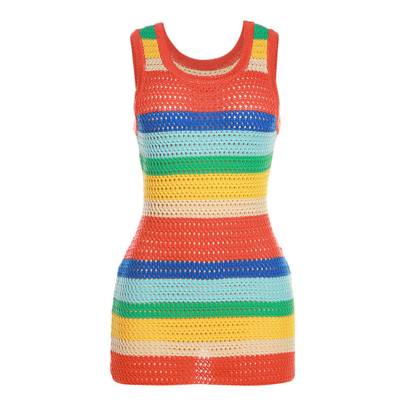 Vibrant Rainbow Stripe Scoop Neck Openwork Crochet Knit Mini Tank Dress