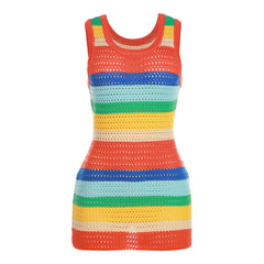 Vibrant Rainbow Stripe Scoop Neck Openwork Crochet Knit Mini Tank Dress