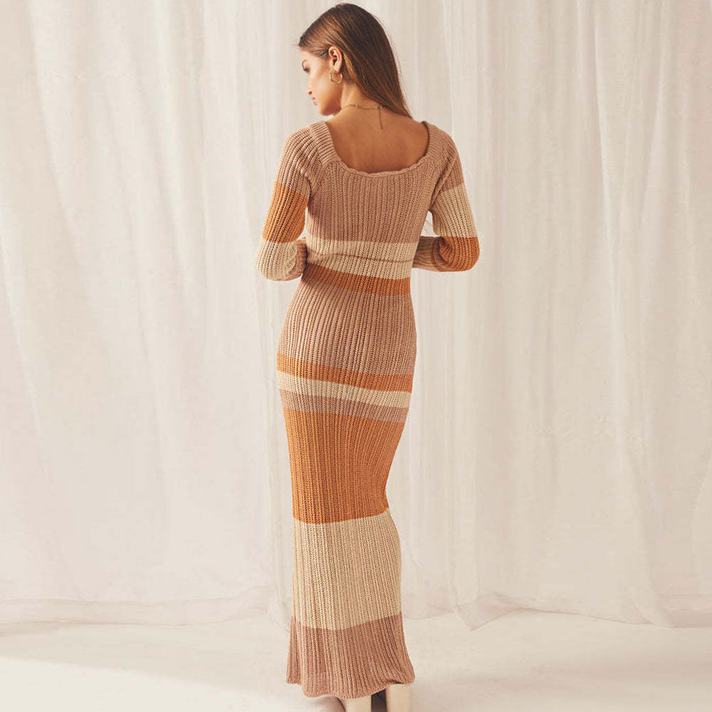 Vibrant Striped Scoop Neck Long Sleeve Crochet Knit Maxi Dress