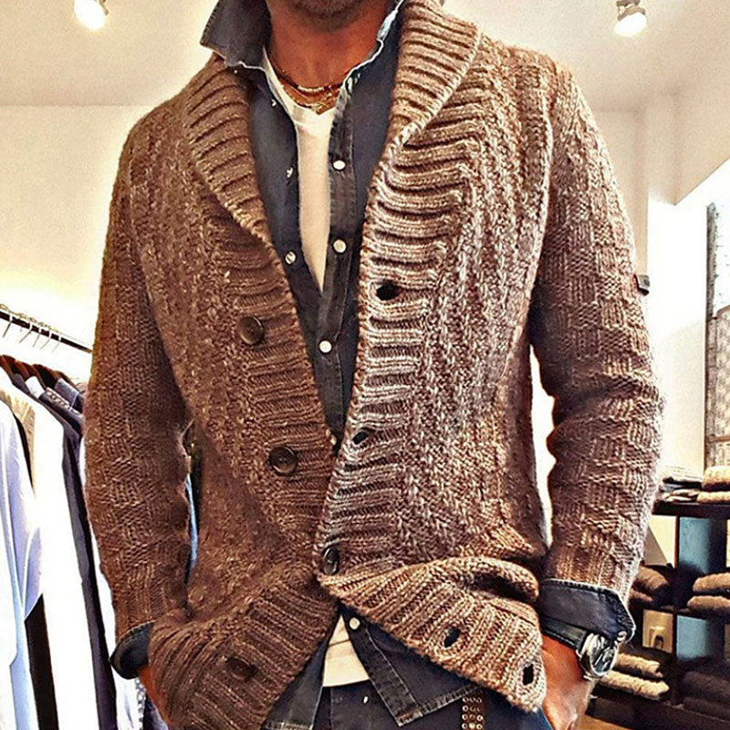 Vintage Cable Knit Shawl Collar Long Sleeve Button Front Men Winter Cardigan