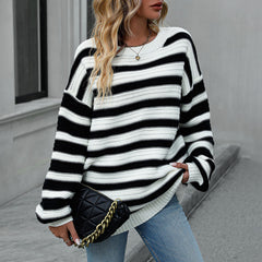 Vintage Crew Neck Bishop Sleeve Pointelle Knit Contrast Stripe Oversized Sweater