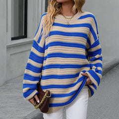 Vintage Crew Neck Bishop Sleeve Pointelle Knit Contrast Stripe Oversized Sweater