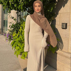 Vintage Crew Neck Long Sleeve Chunky Rib Knit Back Tie Winter Sweater Maxi Dress