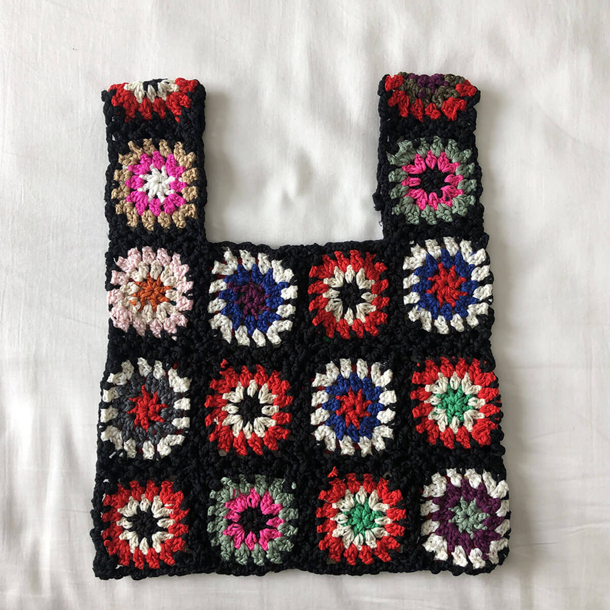 Vintage Floral Granny Square Handmade Openwork Crochet Knit Tote Bag