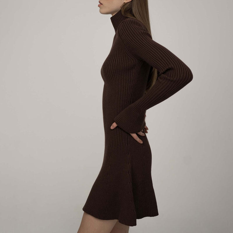 Vintage High Neck Long Sleeve A Line Ruffle Hem Ribbed Knit Mini Sweater Dress