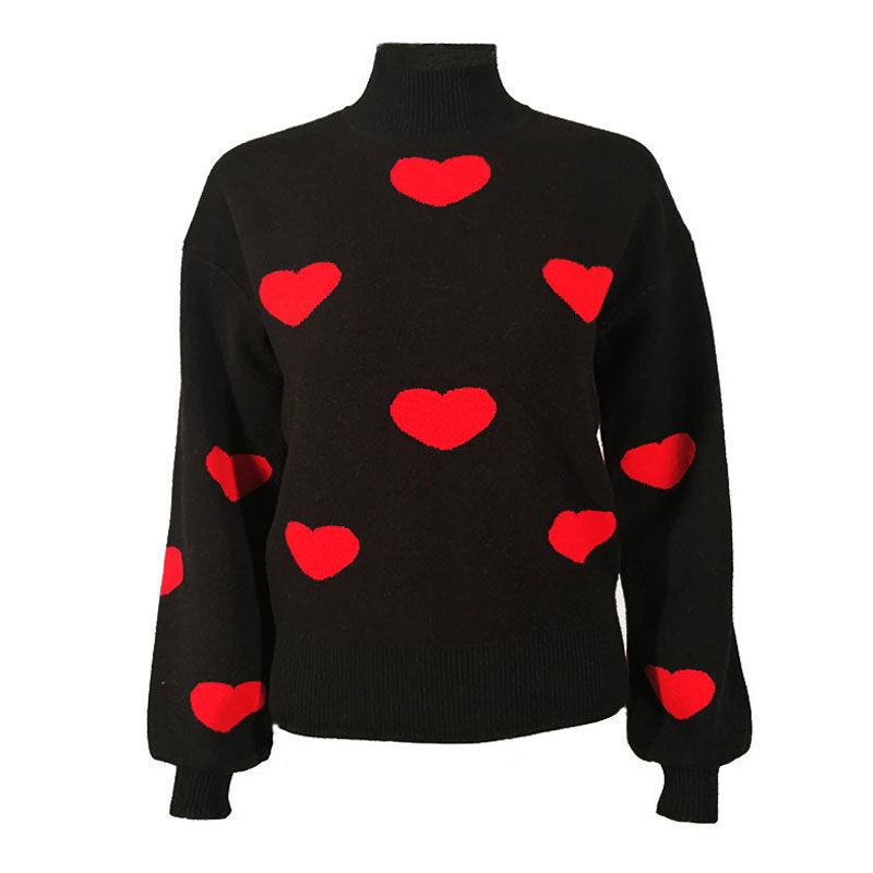 Vintage Black High Neck Pullover Long Sleeve Heart Jacquard Knit Sweater