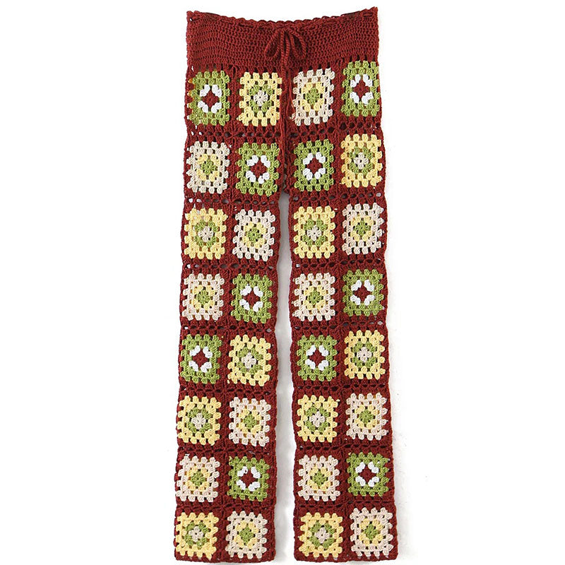 Vintage High Waist Wide Leg Granny Square Crochet Hand Knit Pants