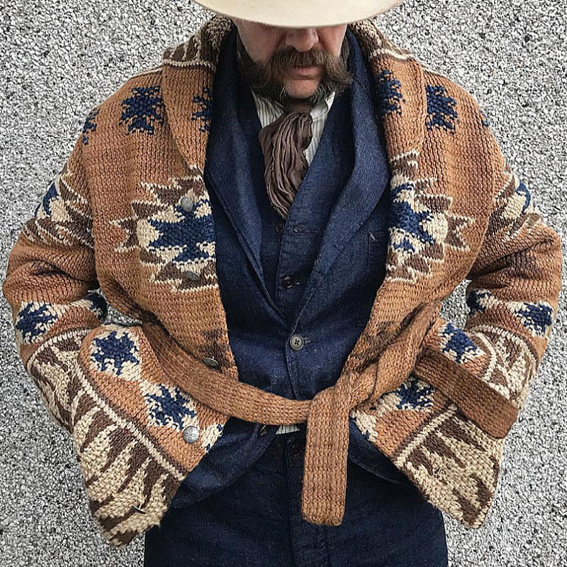 Vintage Nordic Fair Isle Jacquard Shawl Collar Button Up Winter Men Belted Cardigan