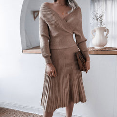 Vintage Ribbed Knit V Neck Sweater And Midi Skirt Matching Set