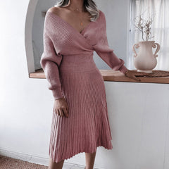 Vintage Ribbed Knit V Neck Sweater And Midi Skirt Matching Set