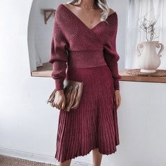 Vintage Ribbed Knit V Neck Sweater And Midi Skirt Matching Set